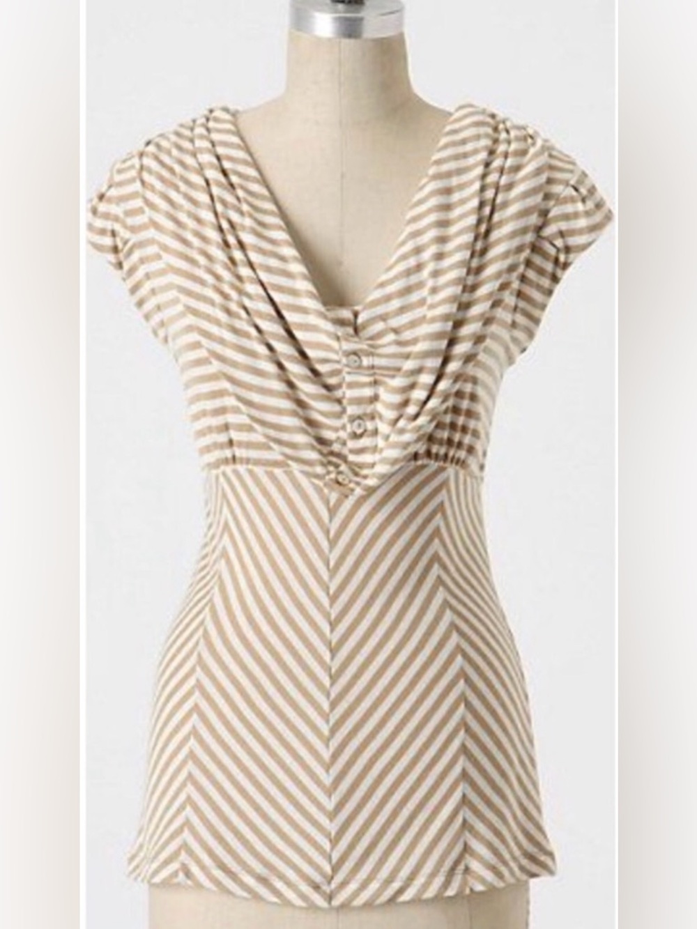 ANTHROPOLOGIE Pilcro Barometer Cap Sleeve Top SZ M Tan White Striped NEW
